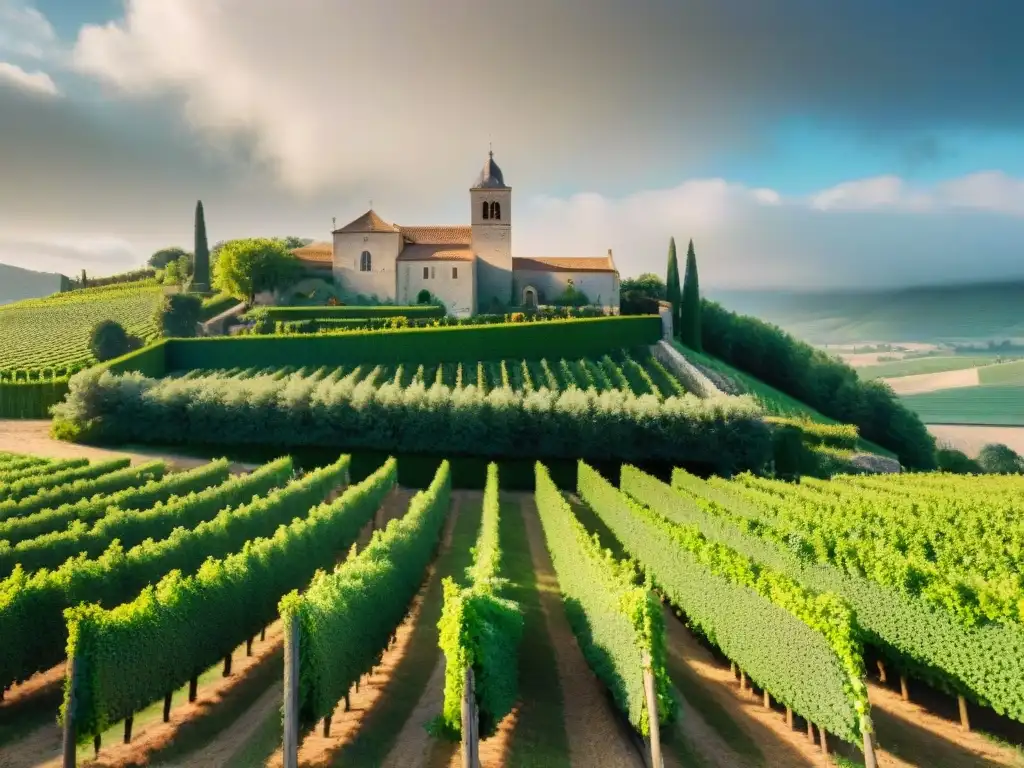 Influencia religiosa en gastronomía francesa: Convento francés centenario rodeado de viñedos, nubes y monjas cuidando uvas maduras