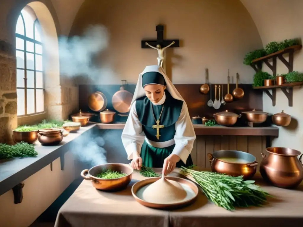 Influencia religiosa en gastronomía francesa: Atmosfera serena en cocina de convento antiguo con detalles históricos y religiosos