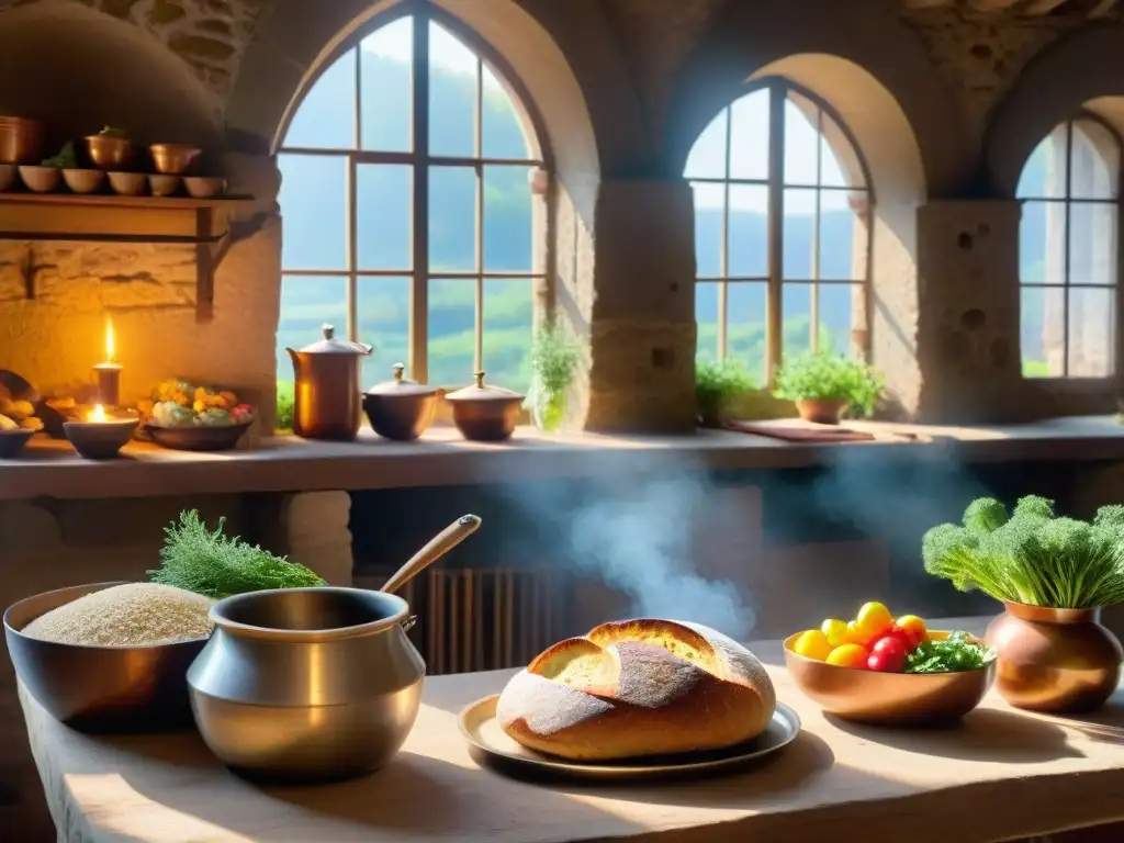 Influencia religiosa en gastronomía francesa: Imagen detallada de cocina de antiguo convento francés con pan recién horneado y verduras coloridas