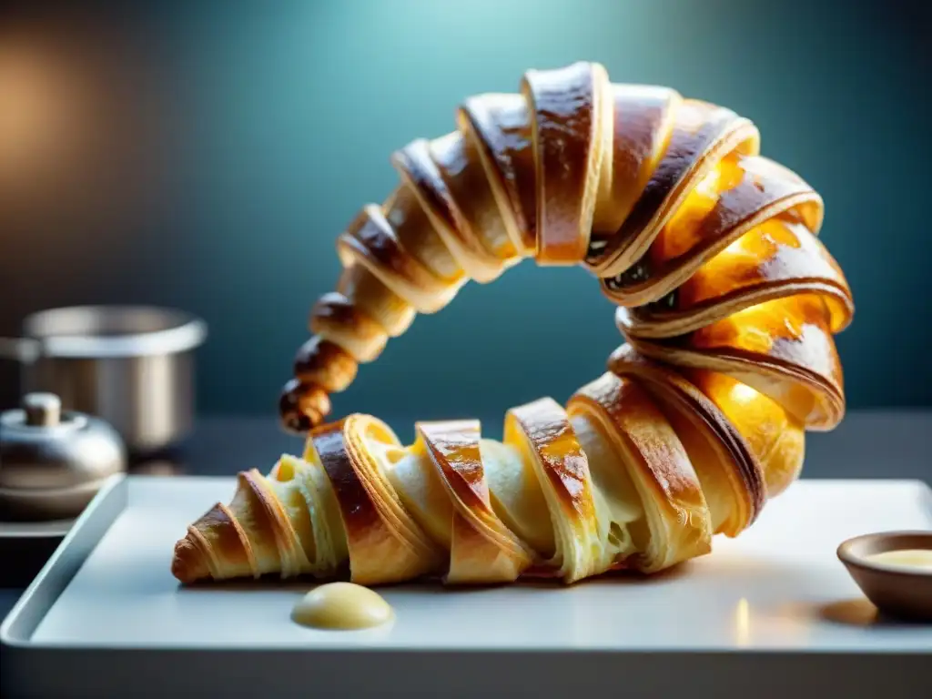 Influencia robots en gastronomía francesa: Brazo robótico elaborando delicadamente un croissant francés tradicional