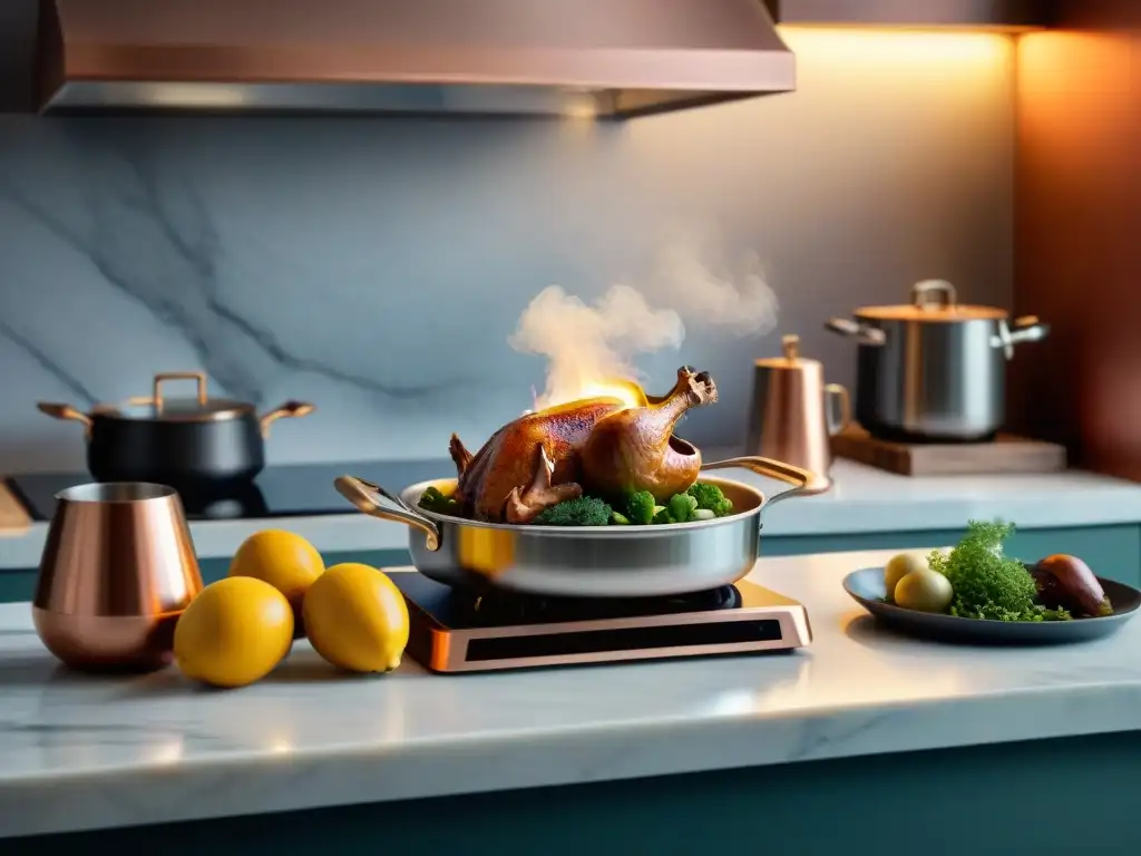 Influencia de robots en gastronomía francesa: Robot preparando Coq au Vin en cocina moderna y tradicional