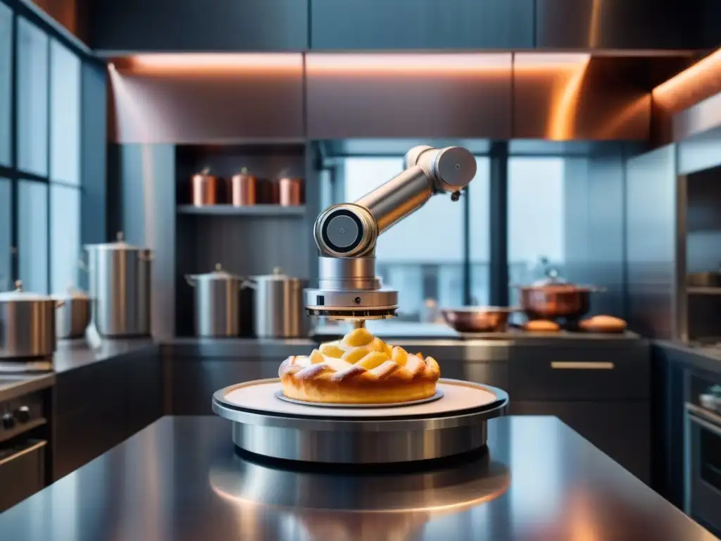 Influencia de robots en gastronomía francesa: Brazo robótico ensamblando pastelería fina en cocina estrellada Michelin