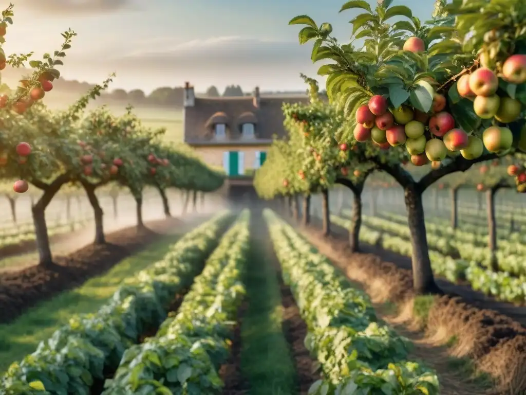 Influencia de la sidra en la cultura francesa: Huerto francés pintoresco con manzanos cargados de frutas coloridas y granja tradicional al fondo