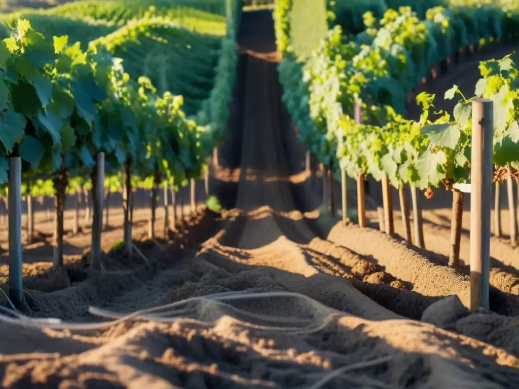 Influencia del suelo en Champagne: Raíces de viñedos entrelazadas en terroir único, buscando nutrientes bajo la luz del sol