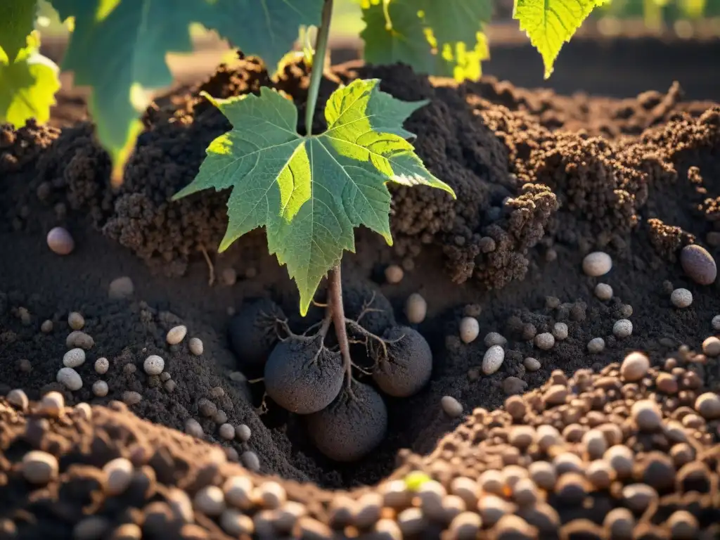 Tierra fértil en viñedo francés: esencia del terroir Influencia del suelo en vino: Detalle de suelo oscuro y húmedo en viñedo francés, con raíces visibles entrelazadas