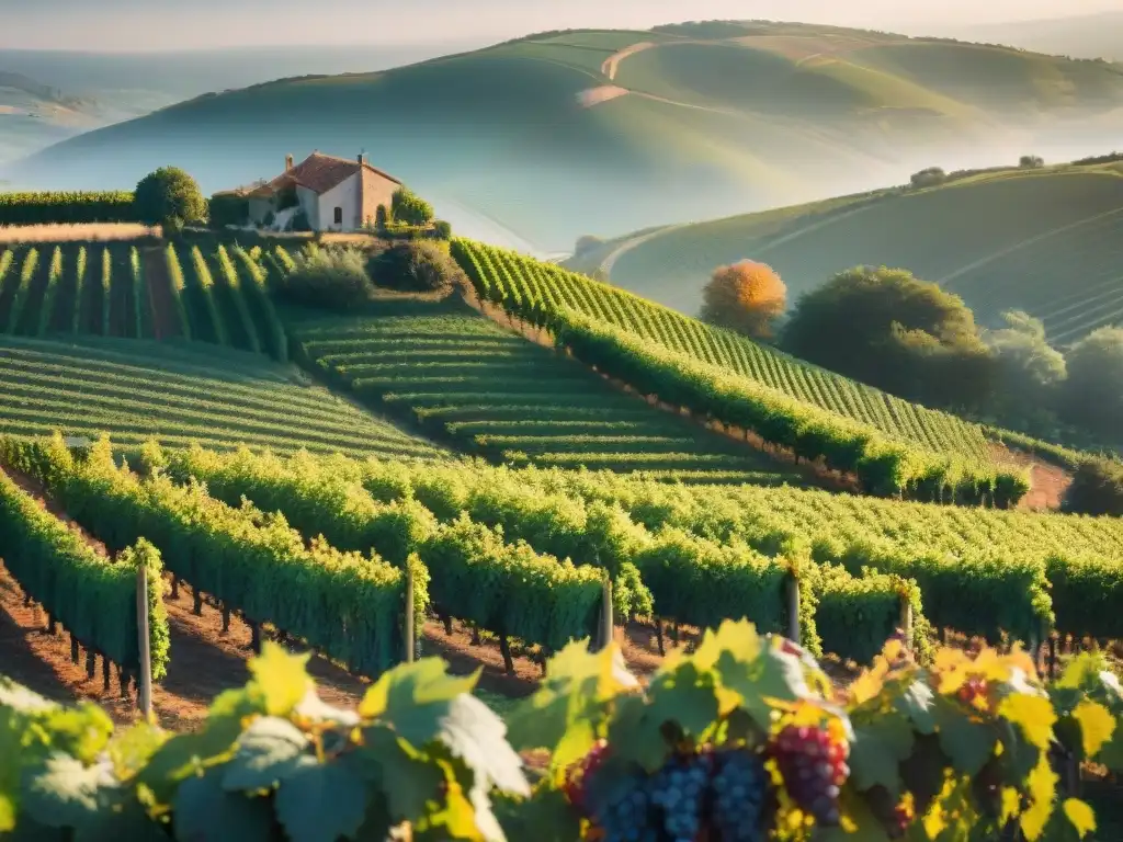 Influencia del terroir en vinos: Viñedo en la campiña francesa durante la vendimia, con uvas maduras y paisaje idílico