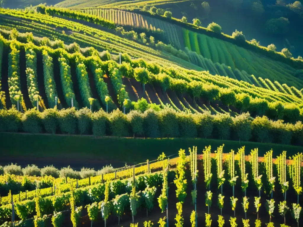 La influencia del terroir en vinos: Vista aérea de viñedos en la campiña francesa, reflejando la diversidad del terroir