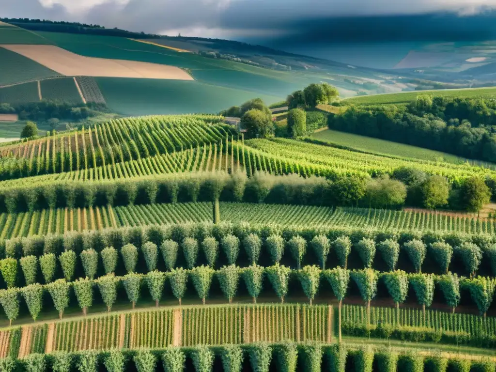 Influencia del terroir en vinos: Vista aérea impresionante de los viñedos de Borgoña, con colinas ondulantes y paisaje verde