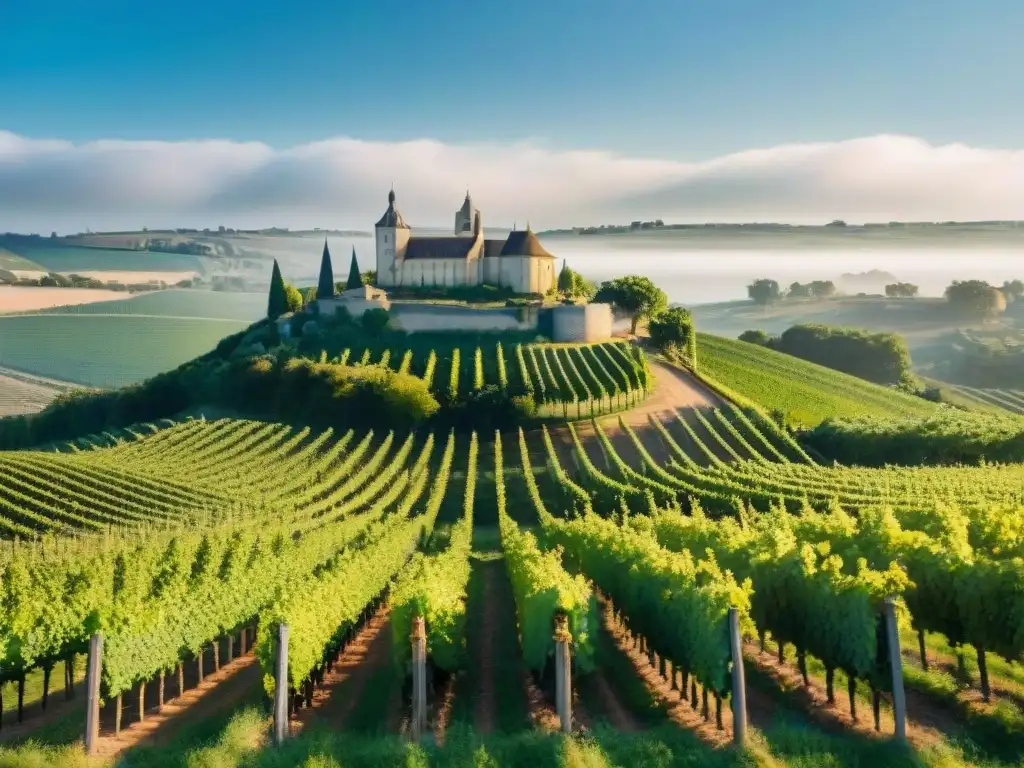 Viñedos de Bordeaux: Belleza en 8k Influencia del vino en Francia: Viñedos de Bordeaux bajo el sol, con un castillo antiguo al fondo