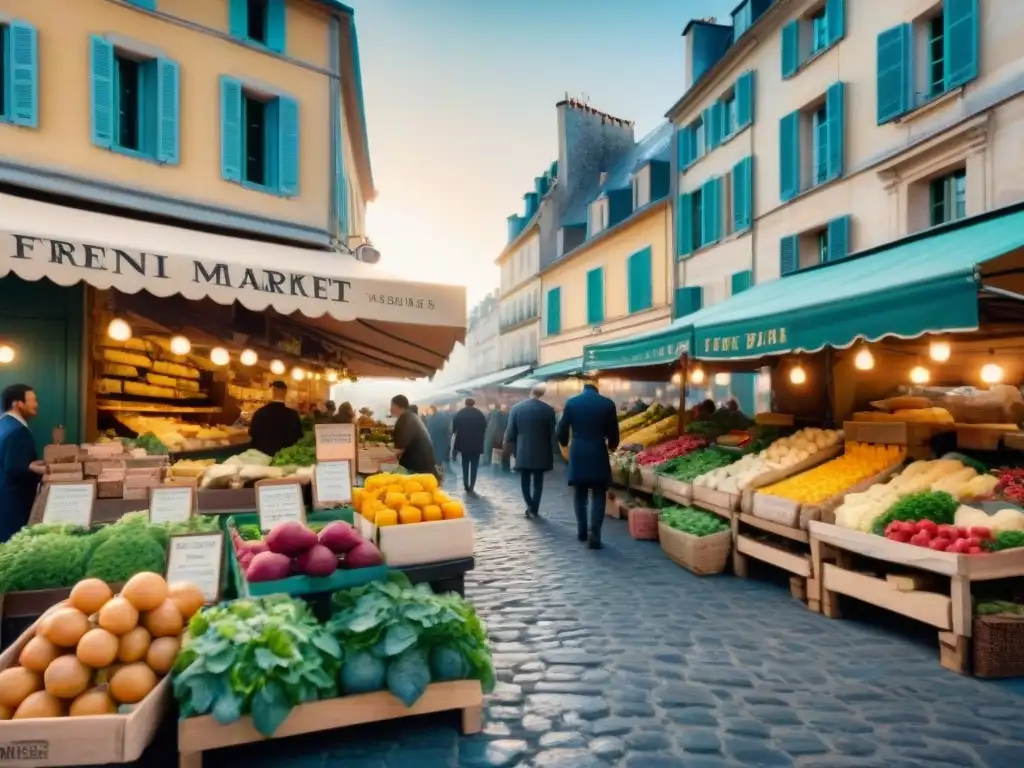 Influencias culinarias de la gastronomía francesa en un mercado bullicioso con productos frescos y coloridos