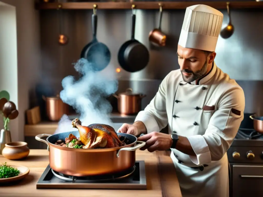 Influencias culinarias gastronomía francesa: Chef francés preparando Coq au Vin en cocina rústica y elegante