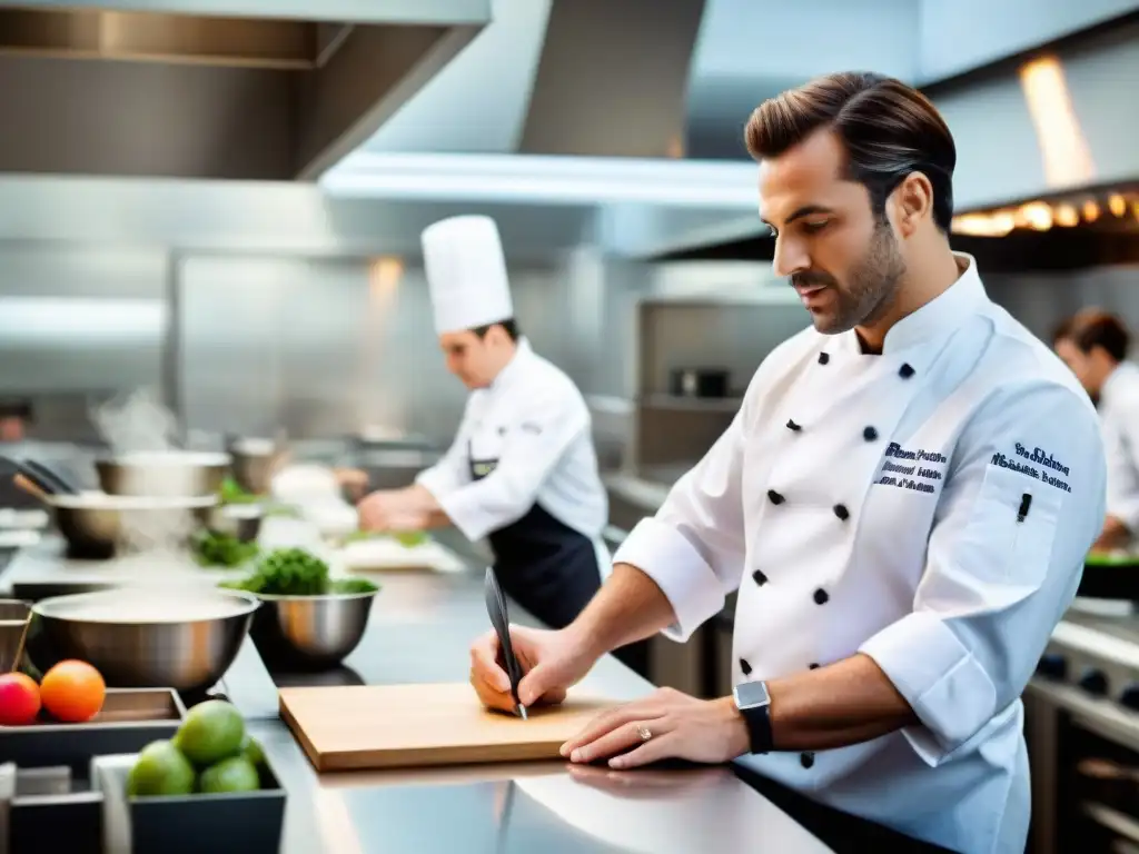 Innovaciones en educación culinaria francesa: Aula bulliciosa con diversidad de estudiantes y chef instruyendo