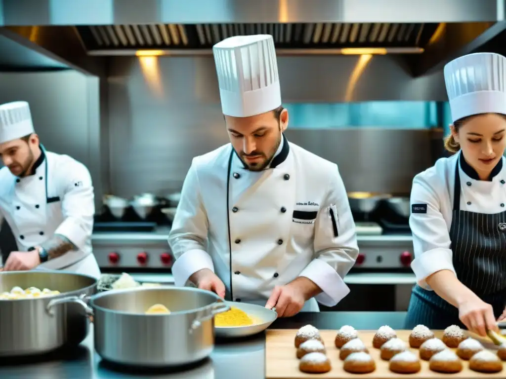 Innovaciones en educación culinaria francesa: Cocina escolar bulliciosa con estudiantes y chef instructor en Francia