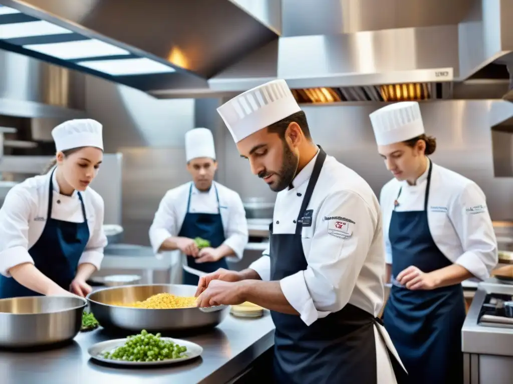 Innovaciones en educación culinaria francesa: Cocina escolar francesa vibrante con estudiantes de diversas culturas trabajando creativamente juntos