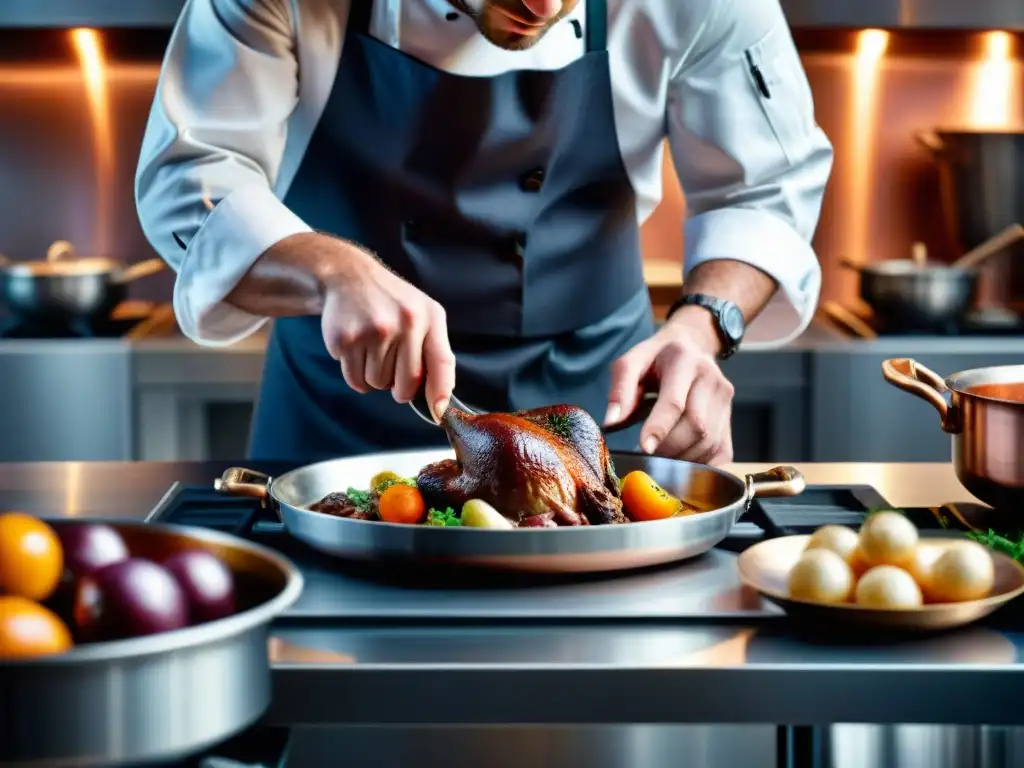 Las innovaciones culinarias de chefs franceses se fusionan en la creación experta de un Coq au Vin en una cocina moderna