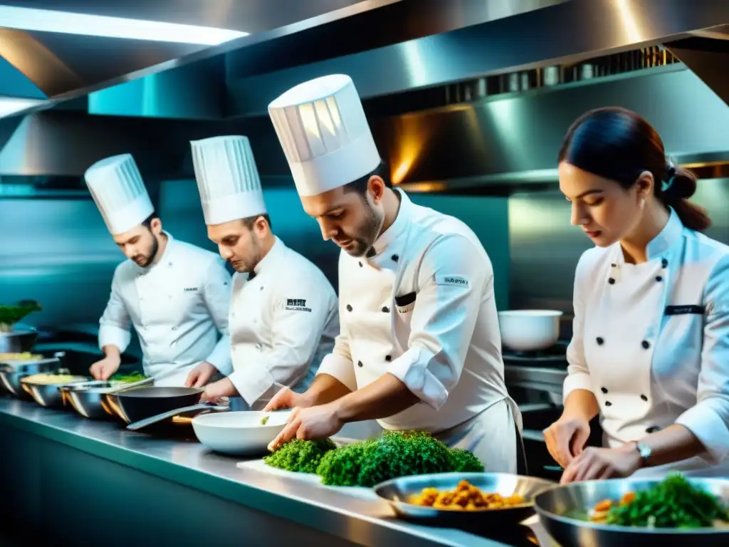 Innovaciones culinarias en Francia: chefs preparando platos vanguardistas en restaurante con estrella Michelin