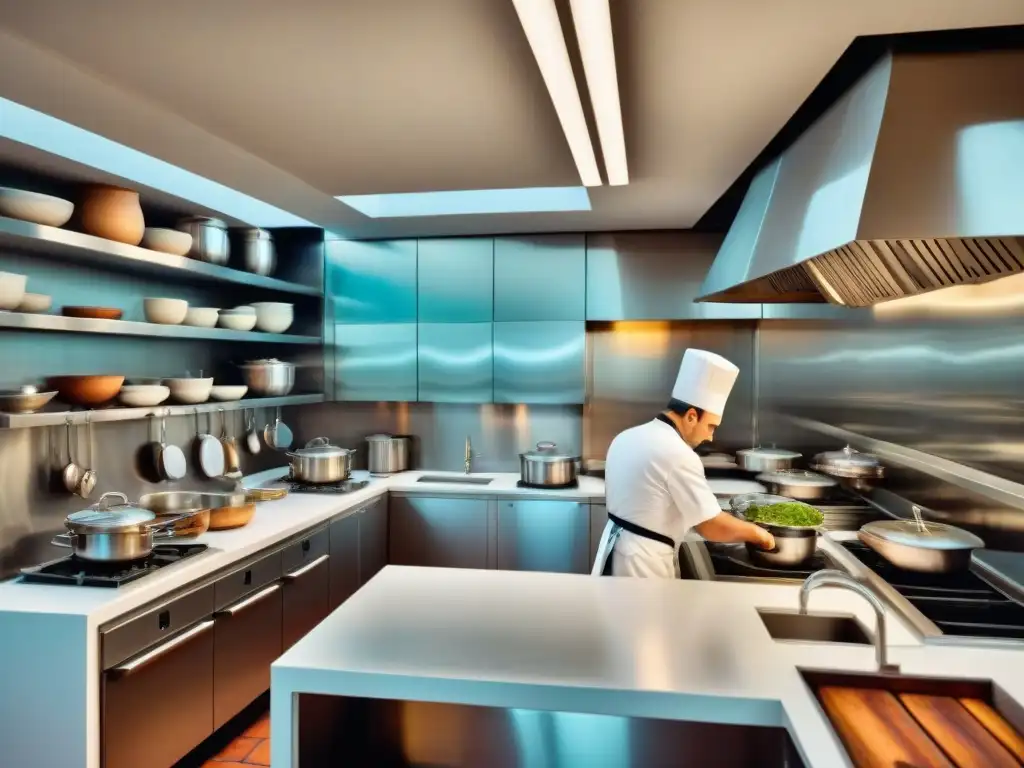 Innovaciones culinarias en Francia: chefs crean platos innovadores en una cocina francesa de los 70