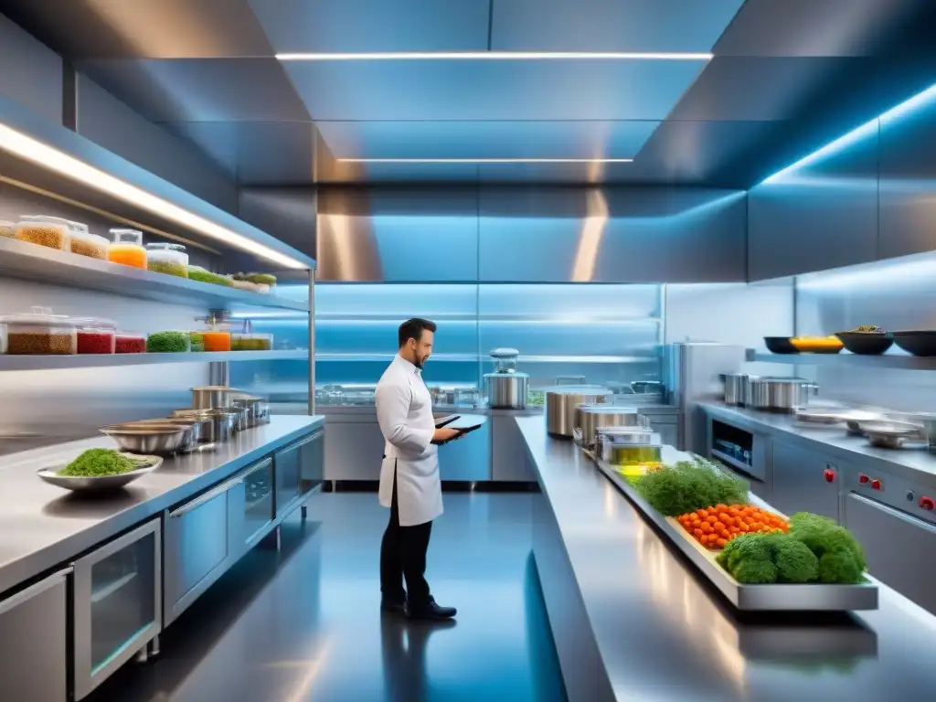 Innovaciones culinarias cocina francesa: Chef en laboratorio moderno con tecnología de vanguardia y recetas digitales