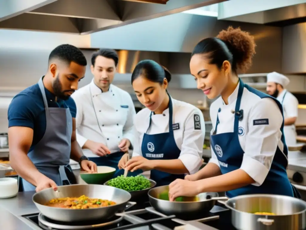 Innovaciones culinarias en escuelas francesas: Estudiantes diversos cocinan en armonía en la cocina de una escuela de cocina francesa