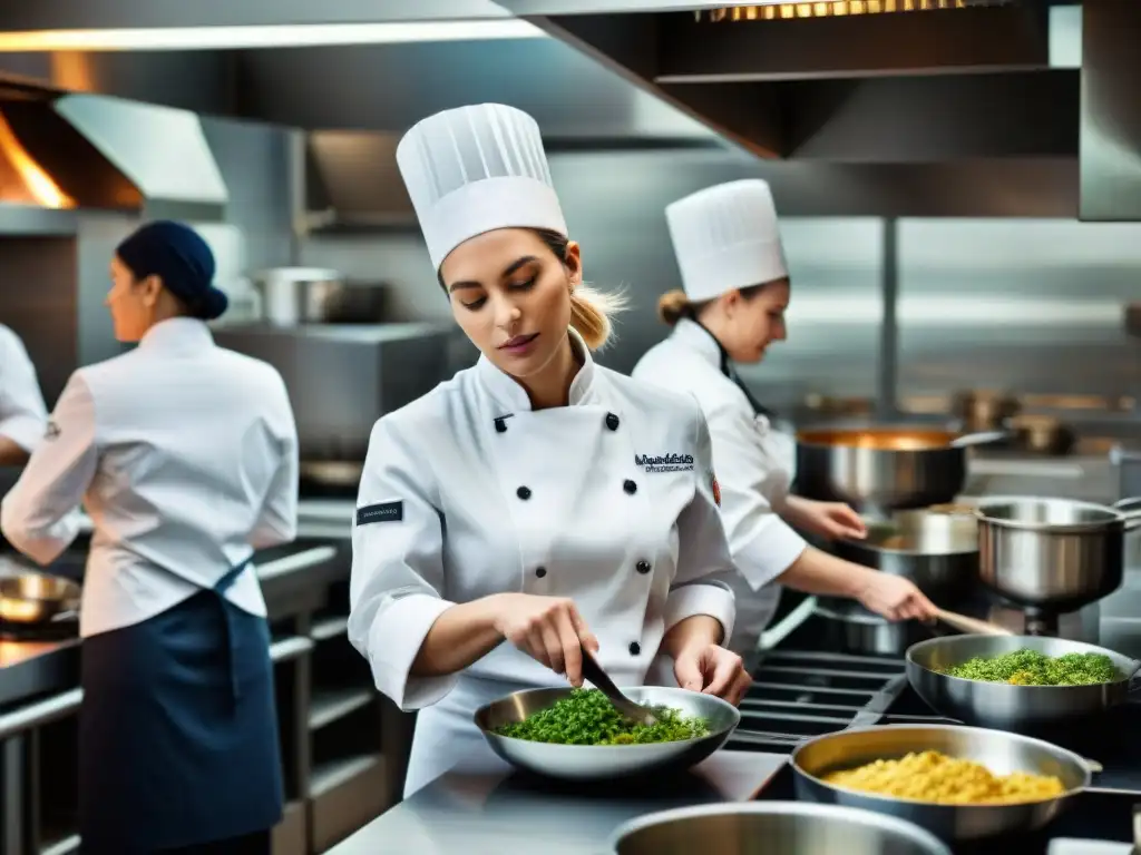 Innovaciones culinarias en escuelas francesas: Chefs femeninas creando platos innovadores en una cocina moderna y vibrante