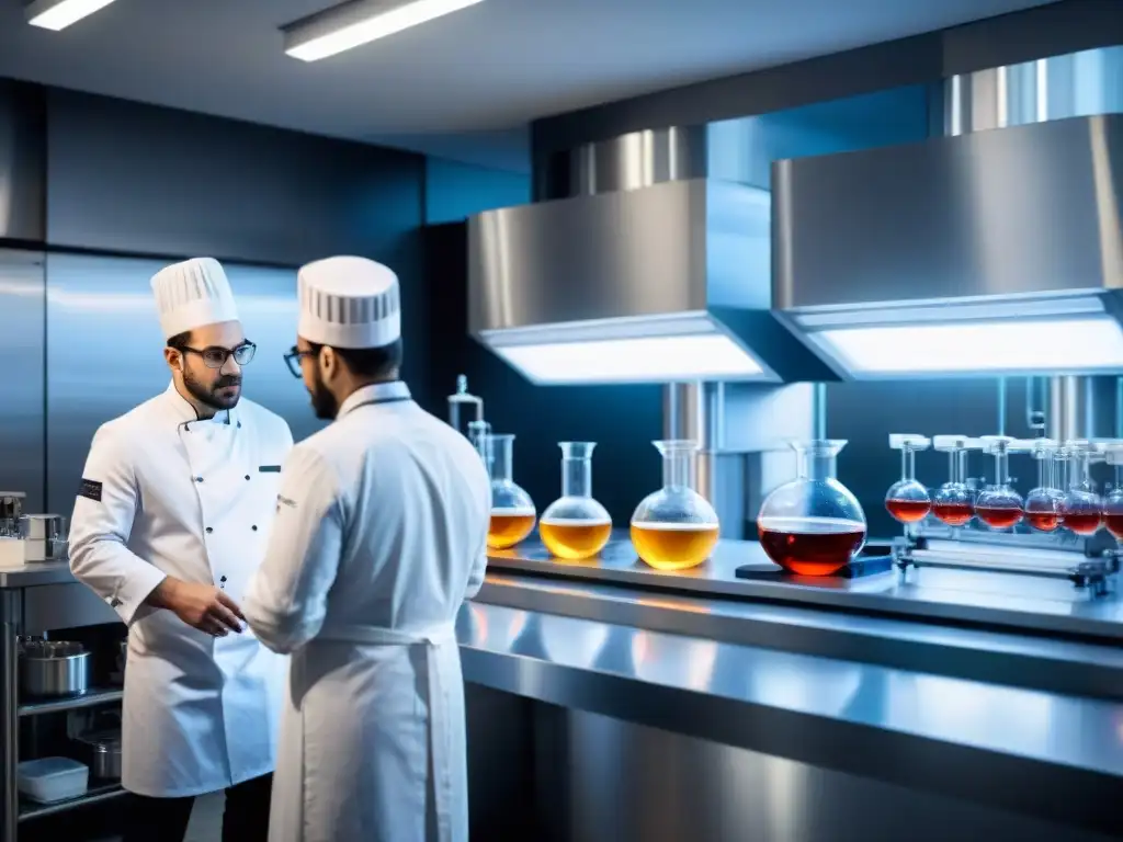 Innovaciones culinarias francesas ciencia: Laboratorio culinario francés moderno con equipo científico avanzado en acción