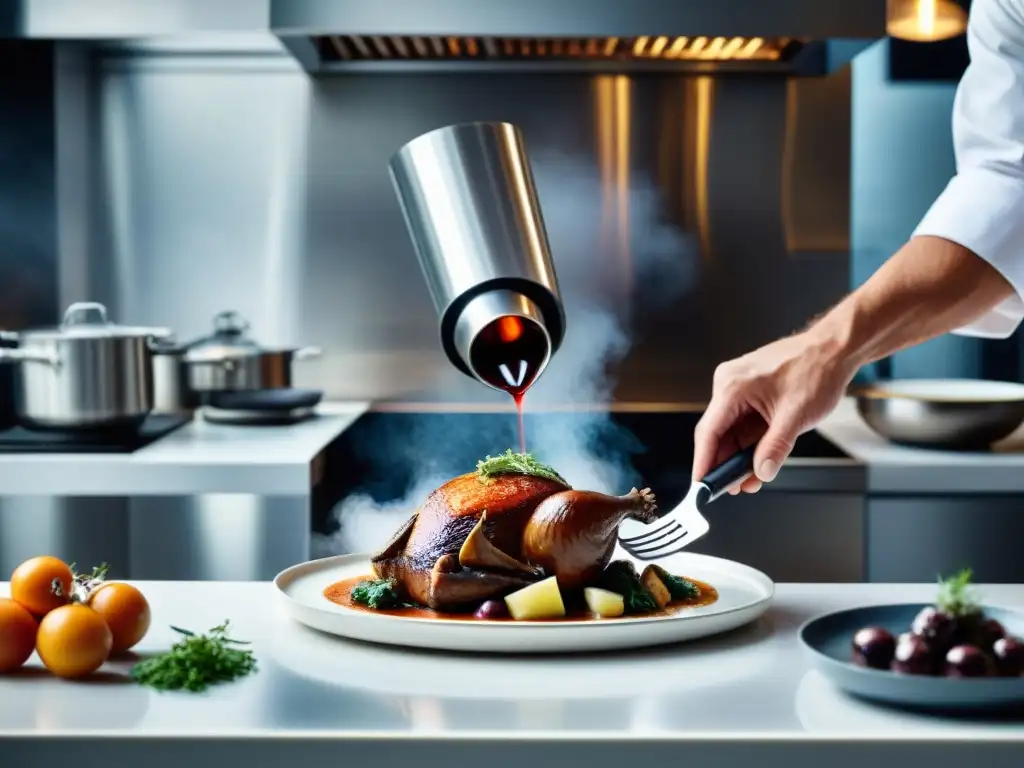 Innovaciones culinarias francesas con inteligencia artificial: Robot chef preparando Coq au Vin en cocina moderna