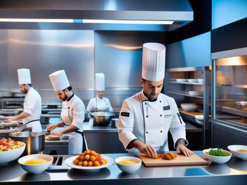 Innovaciones culinarias francesas con inteligencia artificial en una cocina futurista