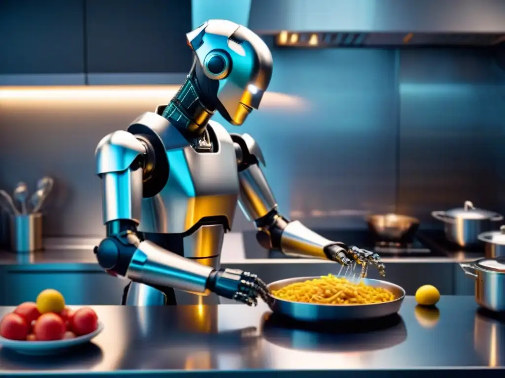 Innovaciones culinarias francesas inteligencia artificial: Robot chef preparando plato francés en cocina moderna