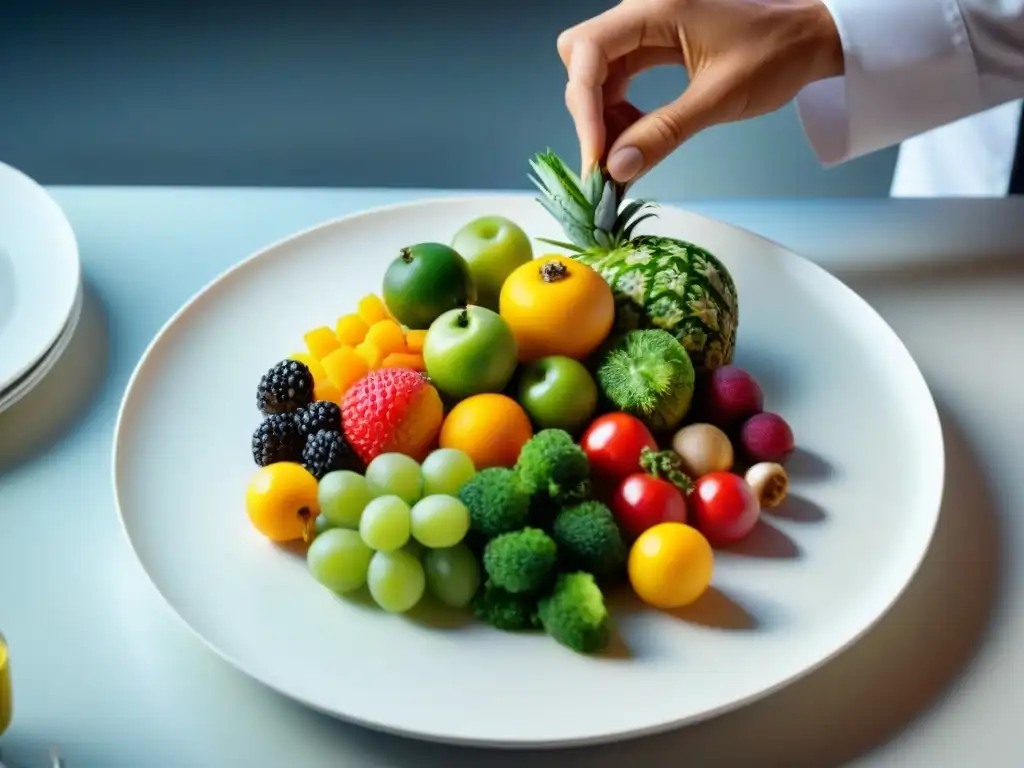 Innovaciones culinarias con frutas y verduras: Detalle de chef francés arreglando coloridos ingredientes con precisión y arte en plato blanco