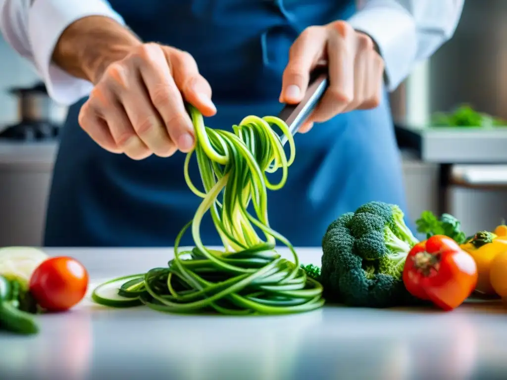 Innovaciones culinarias con frutas y verduras: Un chef francés transforma vegetales en espirales con destreza en una bulliciosa cocina