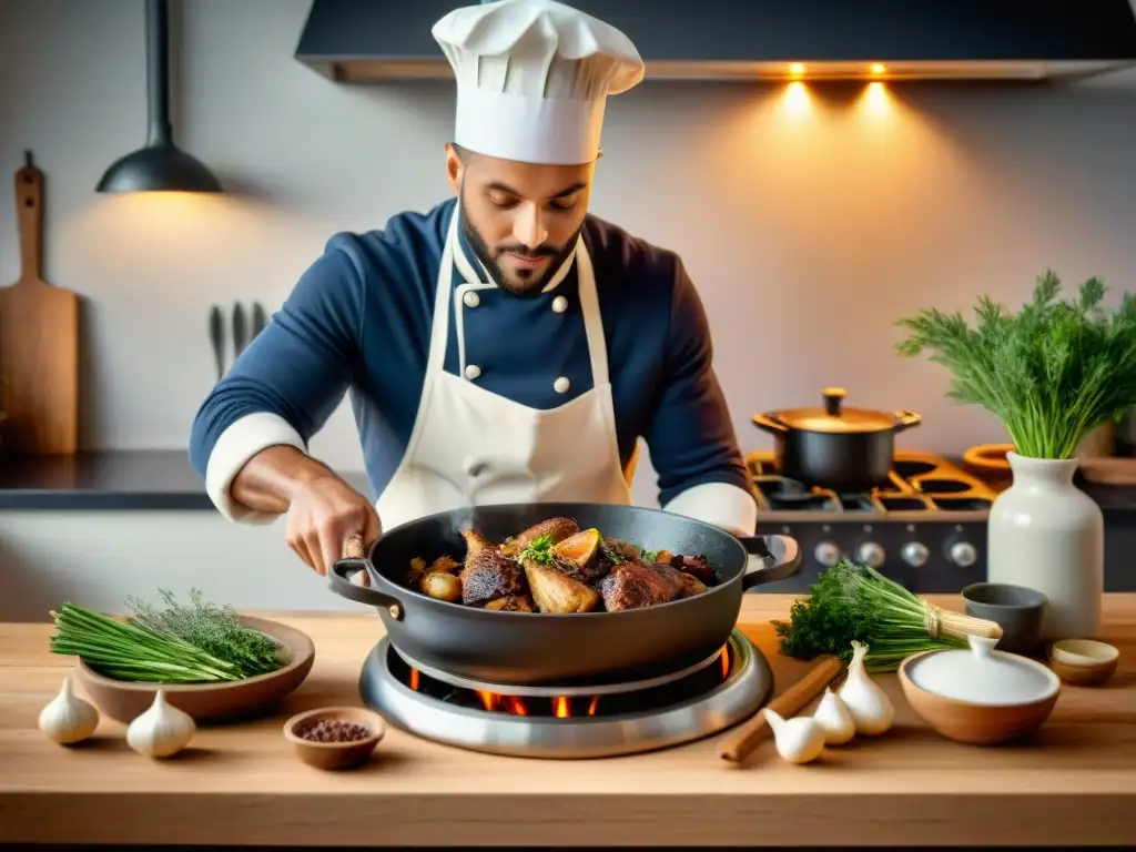 Innovaciones culinarias en la gastronomía francesa: Chef francés preparando Coq au Vin en cocina rústica detalladamente