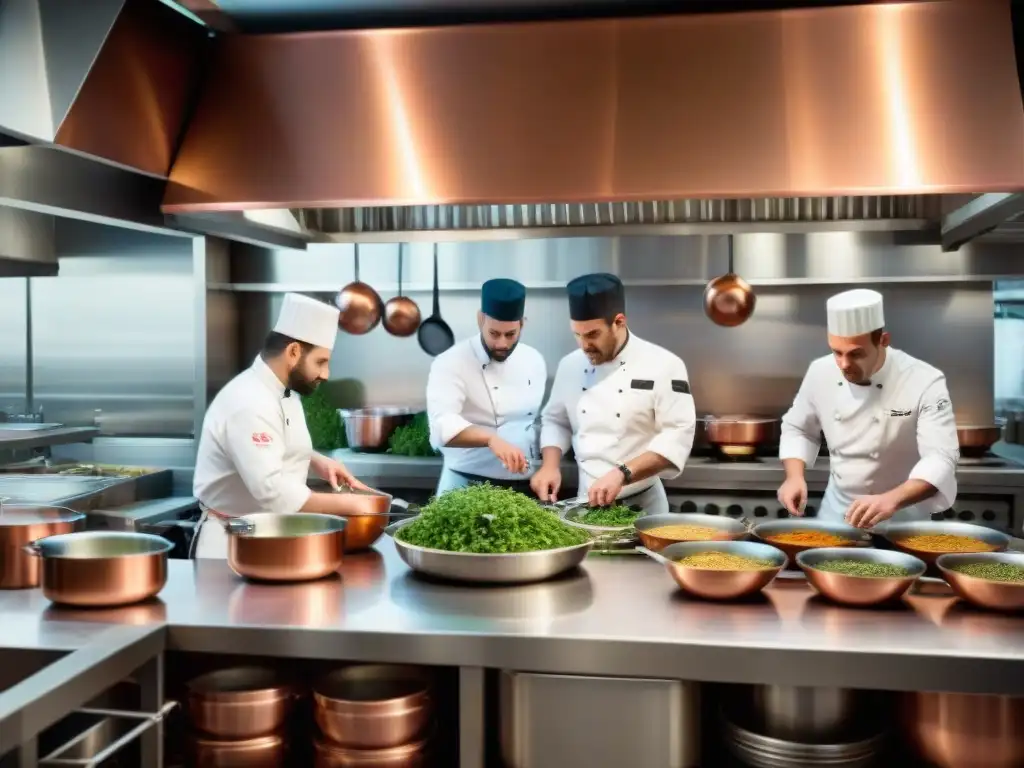 Innovaciones culinarias en gastronomía francesa: Equipo de chefs preparando platos franceses con un toque moderno en cocina bulliciosa