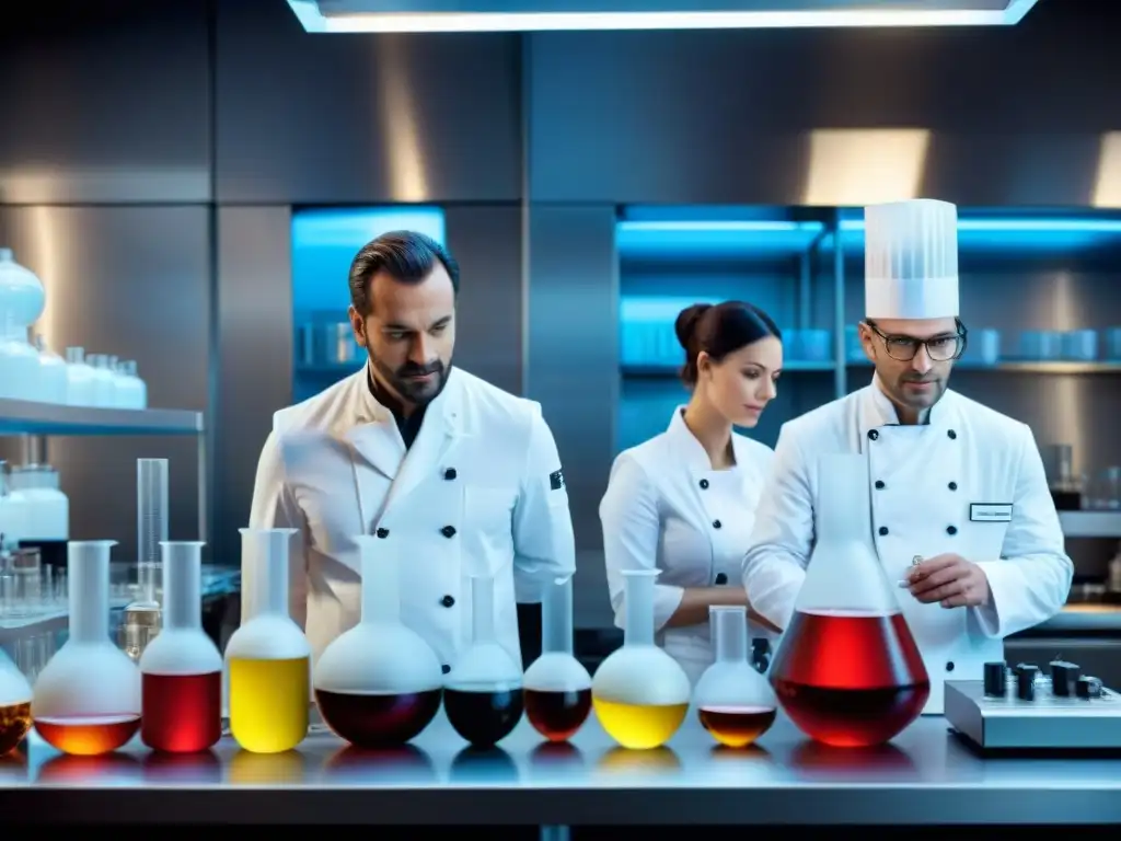 Laboratorio culinario francés: fusión de alta tecnología y cocina francesa Innovaciones culinarias en Francia: Chef en laboratorio gastronómico fusionando química y cocina francesa