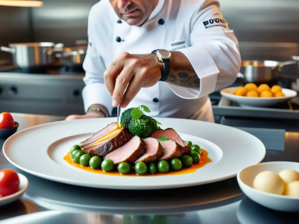 Innovaciones culinarias en Francia: Chef Paul Bocuse creando una obra de arte en su cocina moderna y elegante