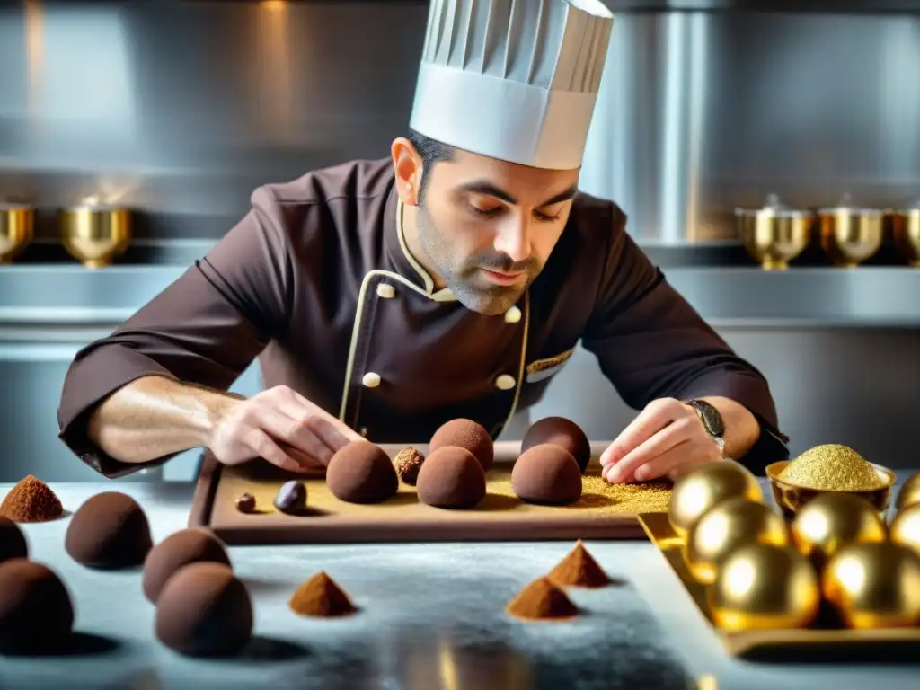 Innovaciones culinarias con trufas francesas: Chef francés elaborando trufas de chocolate con precisión y arte en una cocina elegante