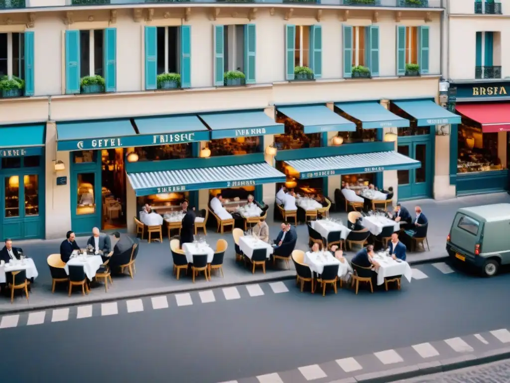 Innovaciones gastronomía francesa bistrós: Vista aérea de bulliciosa calle parisina con terrazas de bistrós y clientes disfrutando