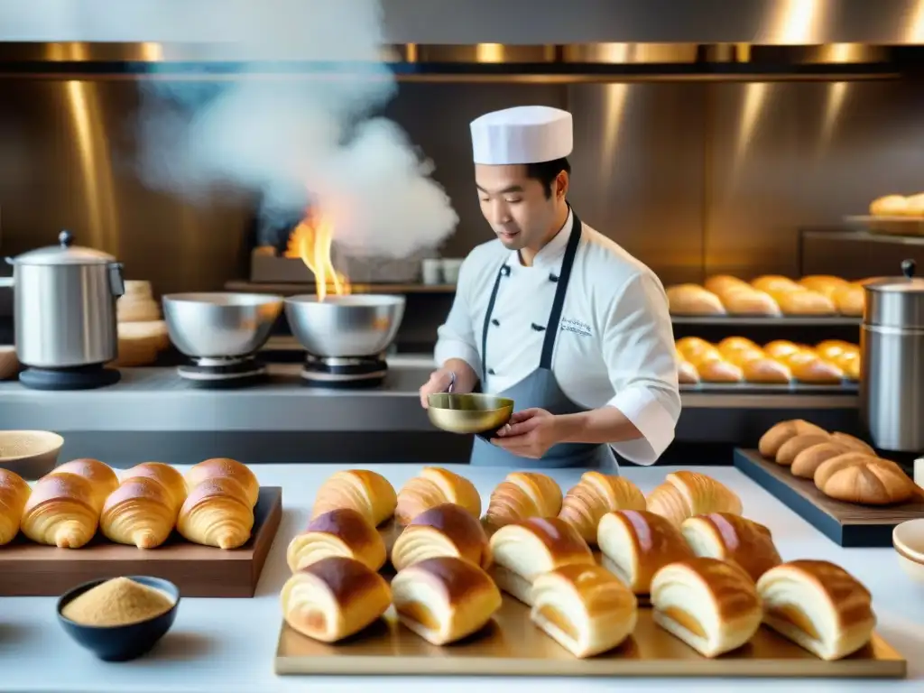 Innovaciones de panadería francesa con influencia asiática en escena de panadería bulliciosa