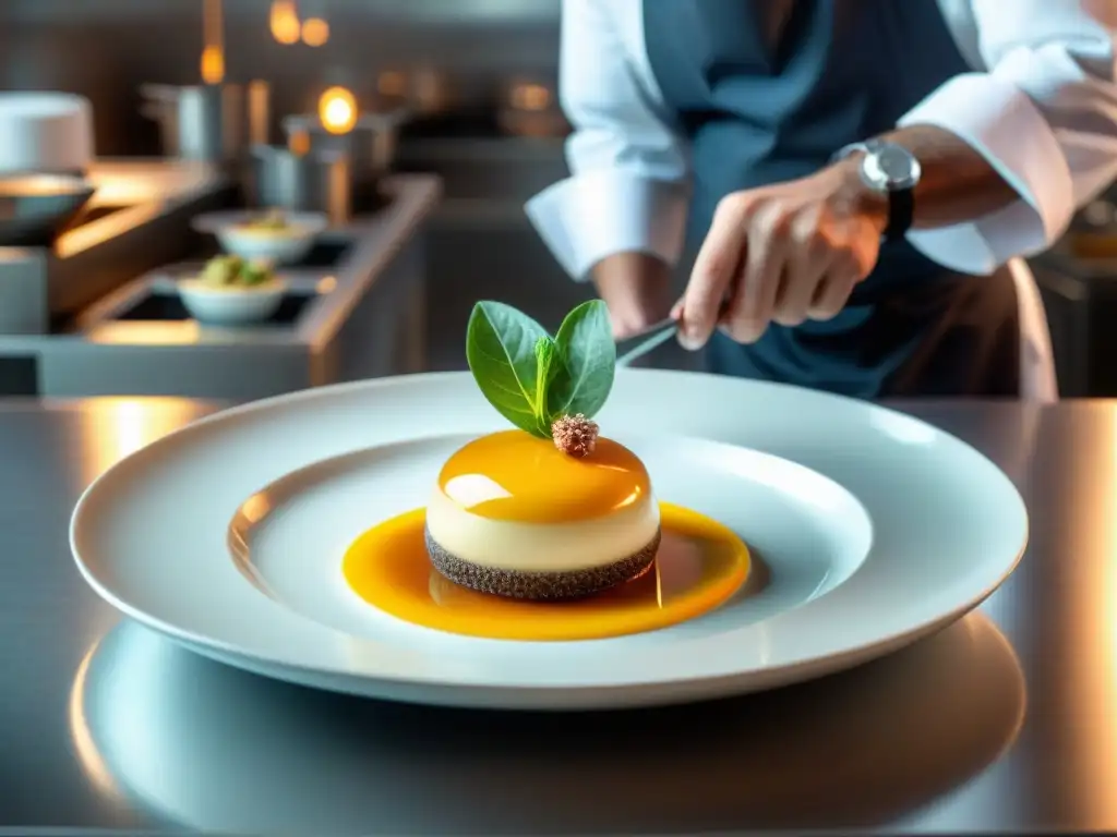 Innovaciones en presentación de platos franceses: Chef creando postre vanguardista en cocina moderna y vibrante