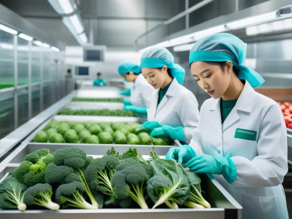 Innovaciones tecnológicas en conservación de alimentos: moderna planta de procesamiento de alimentos con maquinaria reluciente y trabajadores inspeccionando vegetales frescos