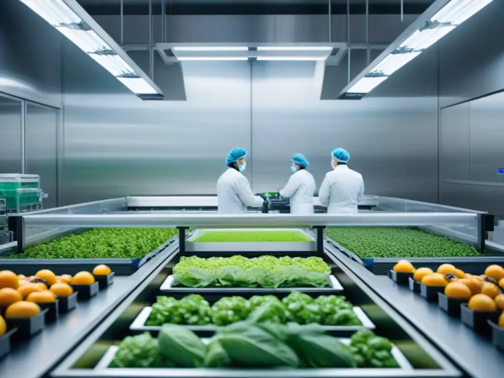 Innovaciones tecnológicas en conservación de alimentos: Moderna planta con maquinaria de vanguardia y técnicos supervisando el proceso