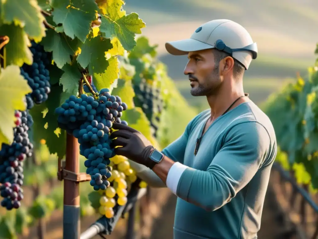 Innovaciones en la vinicultura francesa: Máquina robótica de cosecha de uvas en un viñedo escénico al amanecer