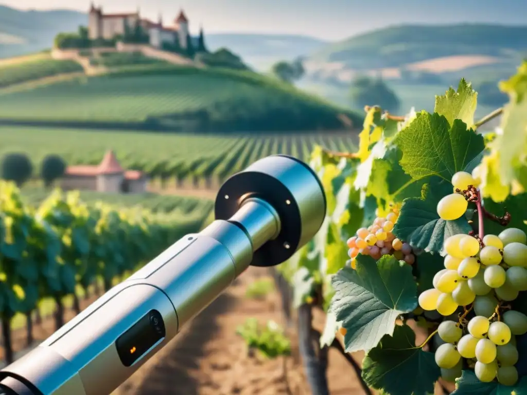 Innovaciones en la vinicultura francesa: Un robot podando viñedos en un entorno tradicional con un château al fondo