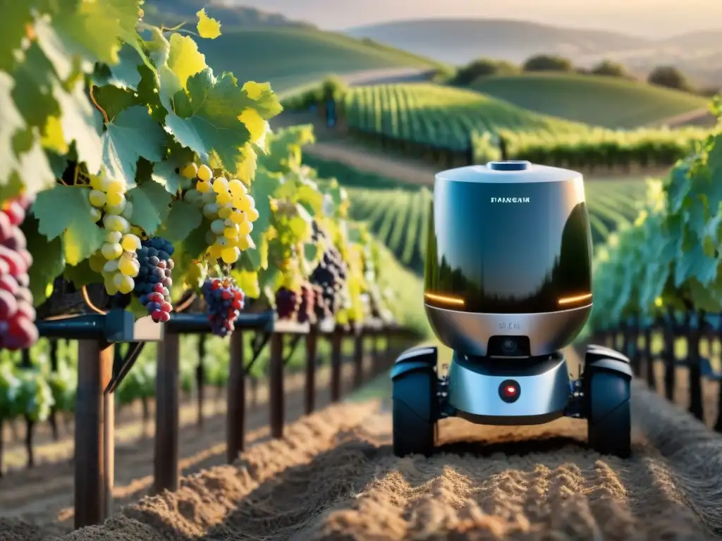 Innovaciones en la vinicultura francesa: Robots recolectando uvas en un viñedo al atardecer