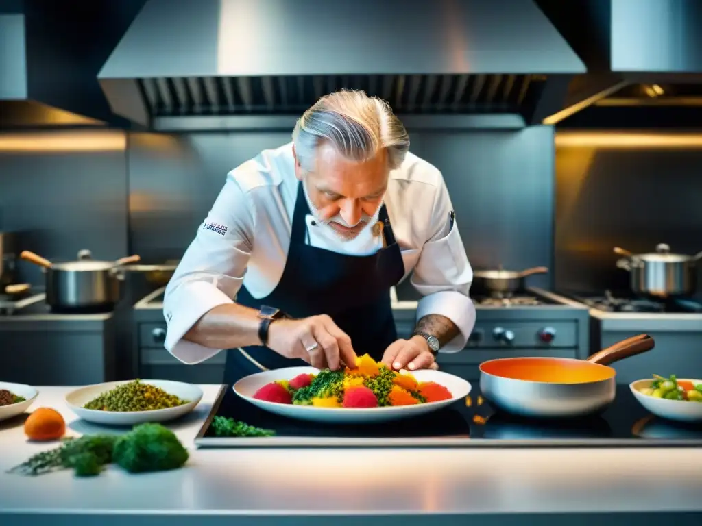 Chef Pierre Gagnaire preparando una innovadora cocina moderna francesa en su cocina parisina