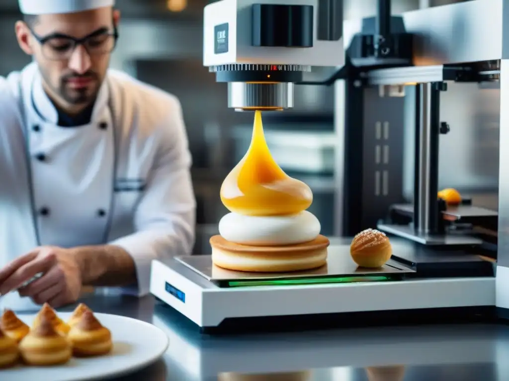 Innovadora gastronomía francesa con impresión 3D creando delicados postres en una cocina bulliciosa