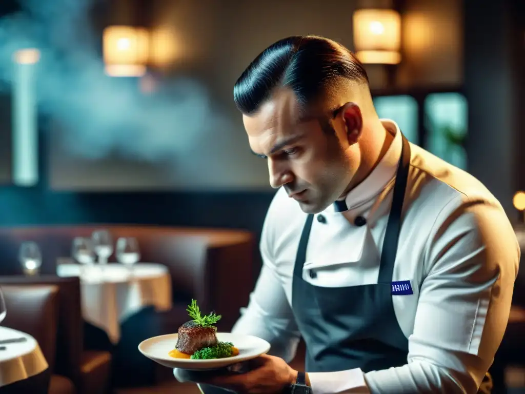 Inspección meticulosa de un plato en restaurante francés, reflejando el proceso de evaluación Michelin