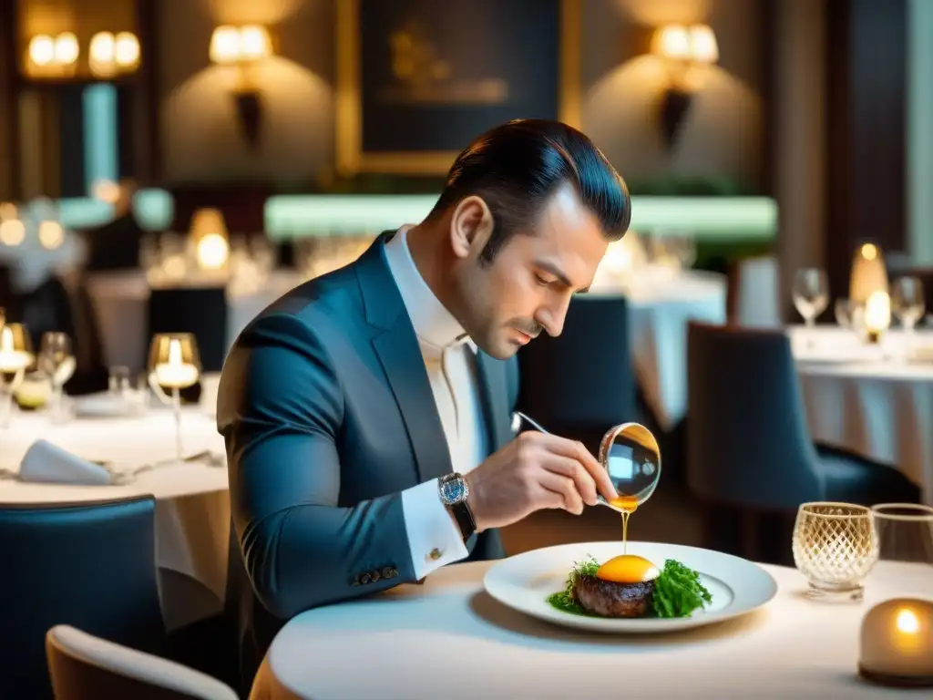 Un inspector de Michelin examina con detalle un plato en un elegante restaurante francés, en el proceso de evaluación Michelin restaurantes Francia