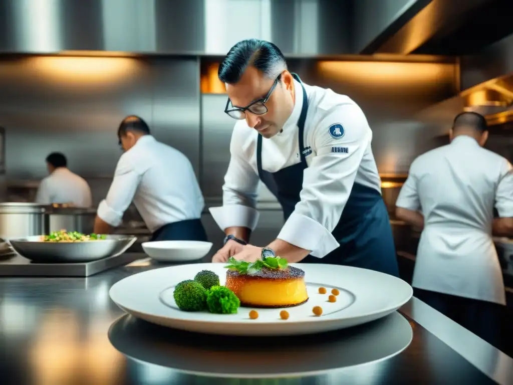 Un inspector de Michelin evalúa minuciosamente un platillo en un elegante restaurante francés, en un ambiente de precisión y dedicación