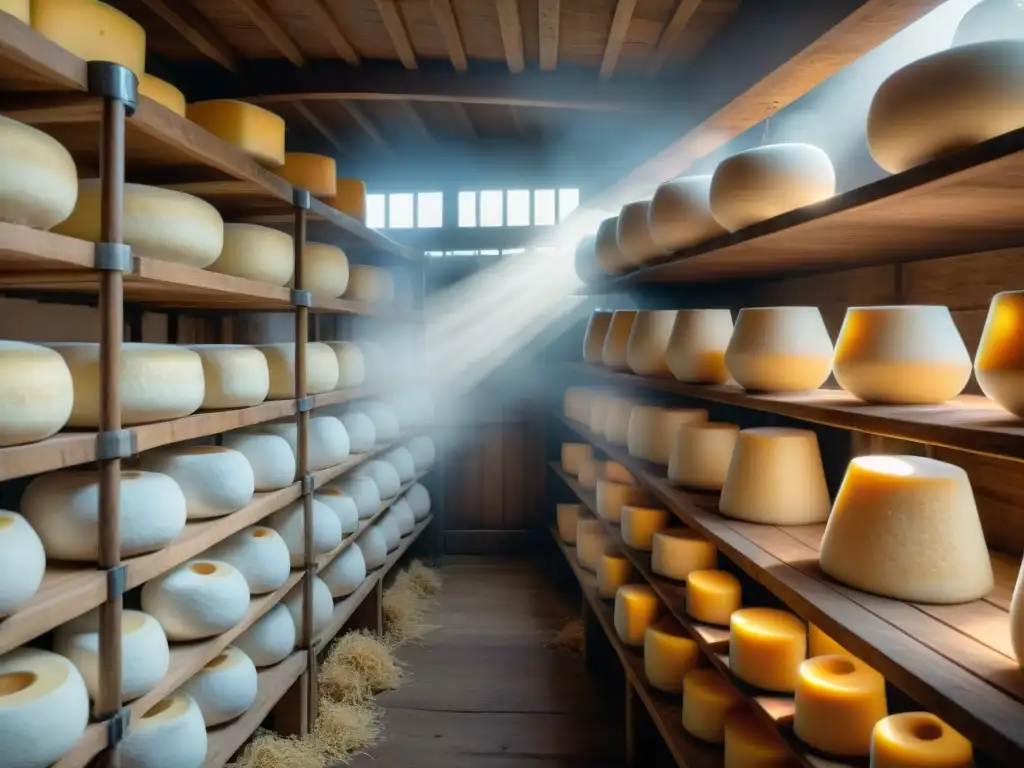 Inspectores de queso Beaufort cuidan con destreza ruedas gigantes en bodega alpina al amanecer