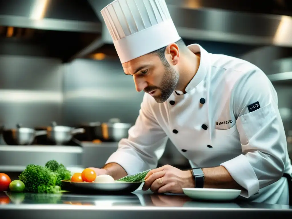 Chef francés experto preparando una obra maestra culinaria Inspirado por la música, un chef francés experto elabora una sofisticada creación culinaria en su cocina de alta gama